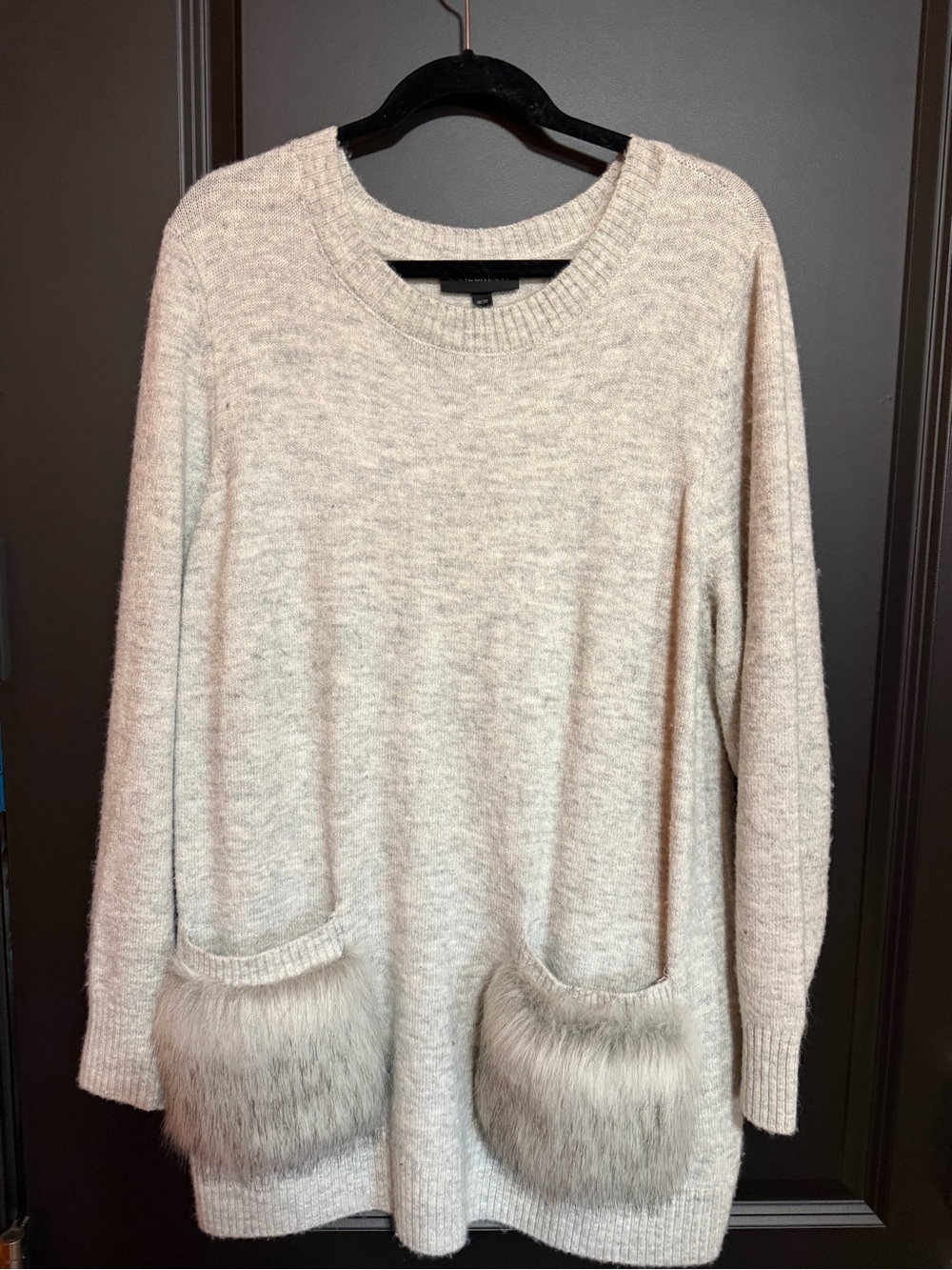 Lane Bryant Cream Crewneck Sweater with Faux Fur Pockets